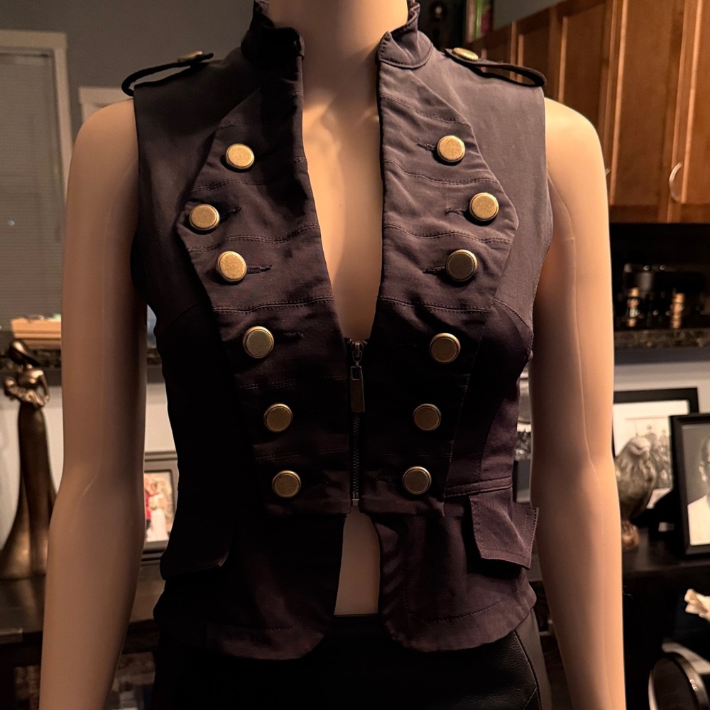 Black Military Style Vest with Gold Buttons